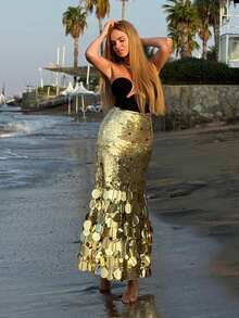 Váy dài đính sequin vàng thời trang cho các bữa tiệc - Vàng - Xem 7