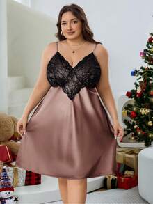 SHEIN CURVE+ Nuisette sexy grande taille pour femmes avec patchwork en dentelle et taille ajourée - Vieux Rose - Voir 5