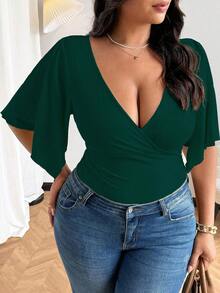 Vionelle Distinctive Sexy Criss-Cross V-Neck Short Sleeve T-Shirt For Women, Summer Design Minimalist Ruched Waist Niche Crop Top Dark Green Top Green Green Top Women Emerald Green Emerald Green Top - Dark Green - View 4