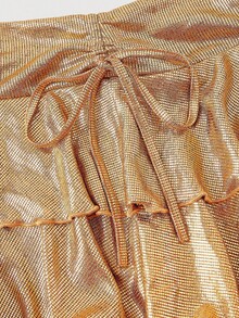 SHEIN MOD Women's Fashionable Gold Double Hem Low Waist Skirt, Fall/Winter , Party,Elegant, Luxury Evening Dresses For Weddings, Gold Skirt, Ruffled Skirt, Mini Skirt, Metallic Skirt - Gold - View 7