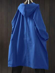 SHEIN LUNE CURVE Áo khoác trùm đầu cỡ vừa, màu trơn, túi lớn, thường ngày, dáng dài dành cho nữ - Xanh đậm - Xem 2