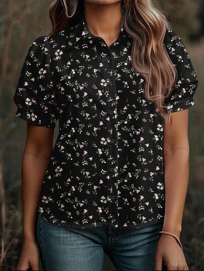 EMERY ROSE 大码休闲节日花卉泡泡袖衬衫夏季女装复活节波西米亚文艺复兴博览会婚礼宾客礼服女式母亲节简约时尚度假