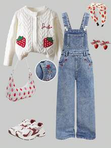 SHEIN Girlism Tween 女孩的 Y2K 学院风休闲花朵刺绣口袋宽松高腰阔腿牛仔裤牛仔背带裤连体裤（不含 T 恤）、女孩秋冬装街头服饰、返校节服装、圣诞服装万圣节服装 - 淺色水洗藍 - 查看 1