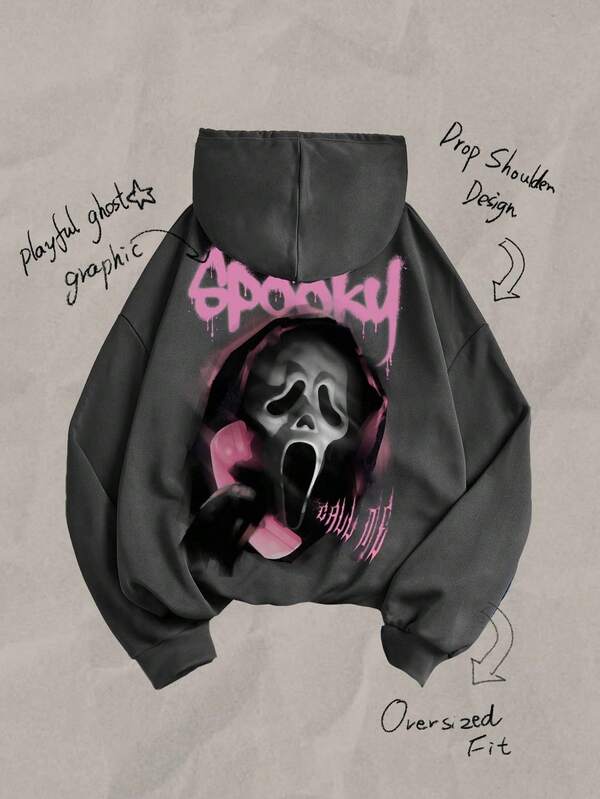 恐怖季节鬼魂图案超大连帽衫，休闲宽松舒适运动衫，适合少女，适合秋冬季，时尚女孩休闲装