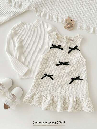 Cozy Pixies 2 件套女婴纯色针织柔软 3D 蝴蝶结纹理圆领长袖套头衫和连衣裙套装