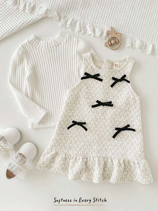 Cozy Pixies Conjunto de 2 peças de blusa e vestido de malha macia com estampa de laço 3D texturizada e gola redonda de manga comprida para bebê menina