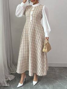 Modelyn 秋冬大码粗花呢编织纹理长袖修身 A 字连衣裙