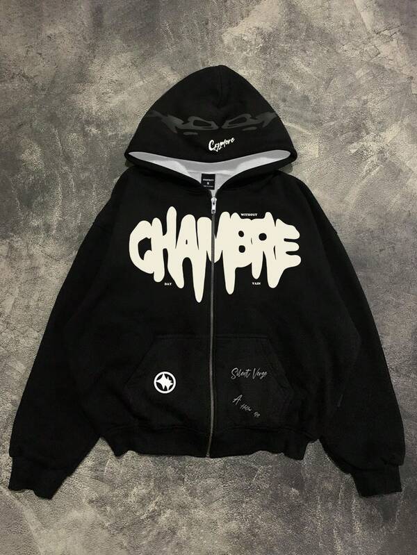 Manfinity Dauomo Chaqueta con capucha con cremallera y estampado de letras para hombre, otoño