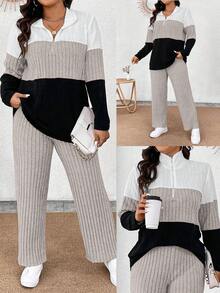 EMERY ROSE Áo thun dệt kim mềm tay dài có khóa kéo cổ áo cỡ lớn phối màu và quần gân mềm mại, trang phục thường ngày 2 món - Nhiều màu - Xem 7