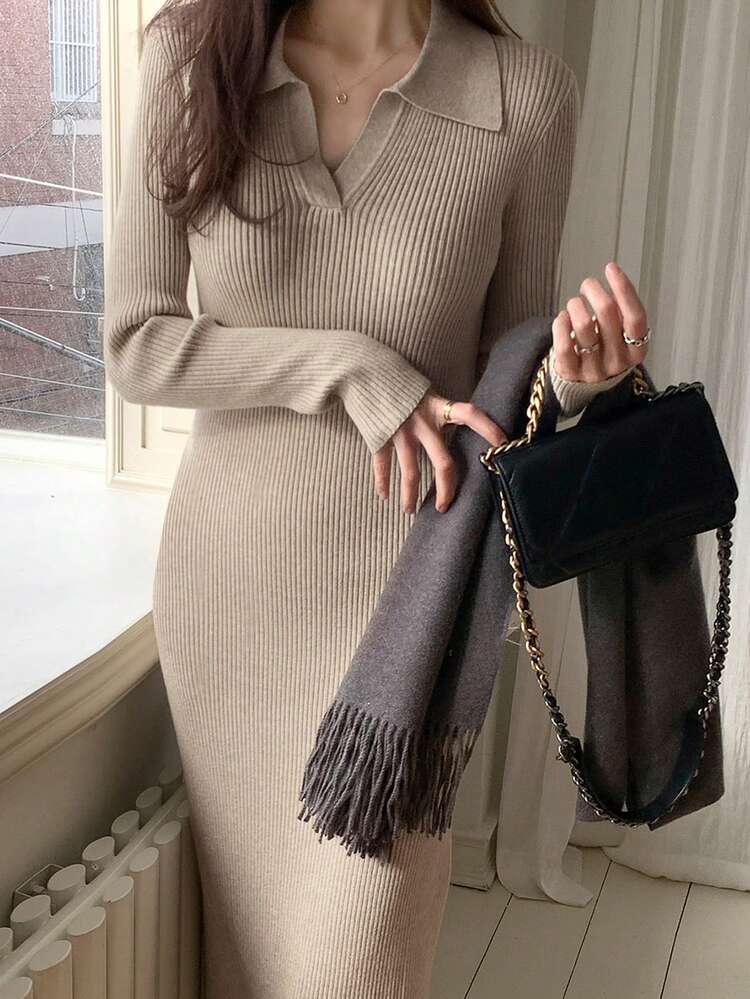 Polo Collar Waist Cinching Slim Fit Long Sleeve Fringe Hem Sweater Dress For Women