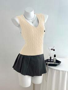 Elamini Casual Versatile Cable Knit Vest - Khaki - View 4