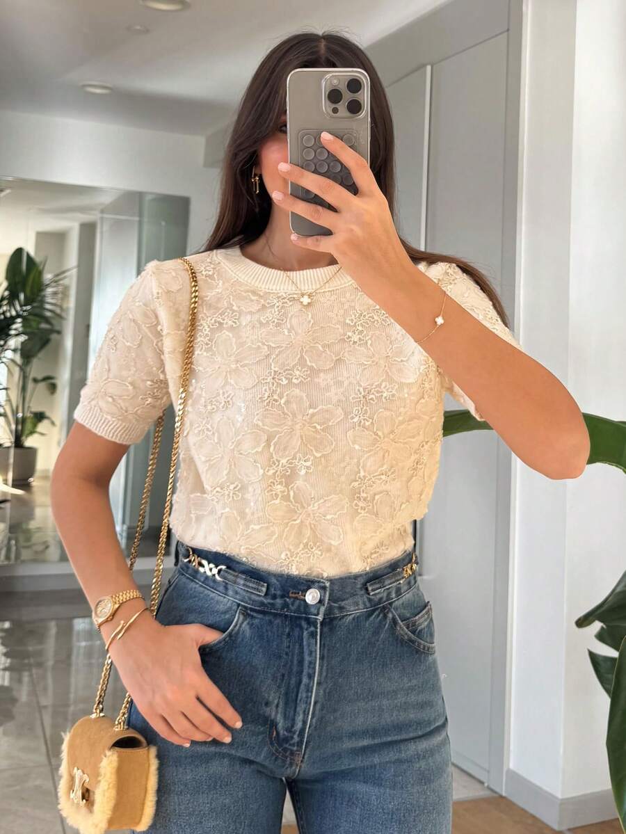 Serisse Women's Floral 3D Embellished Round Neck Short Sleeve Knit Top, Fashionable For Autumn,Mesh Floral Three-Dimensional Embroidery Spliced Sweater Top,Mesh Floral Three-Dimensional Embroidery Spliced Sweater Top,Lace Embroidered Patchwork Sweater Top,Sequin Floral Embroidered Short-Sleeve Sweater,Shiny Short-Sleeve Sweater Top,Cream Yellow Sweater Top, Chic Top,Autumn Clothes For Women,Women's Winter Sweater Vest,Warm Sweater Vest,French Style Clothes, Christmas Sweater Vest,New Year Outfit,Casual Outfit For Women,Vintage, Minimalist, Commuter, Office, Perfect For Everyday Wear Summer