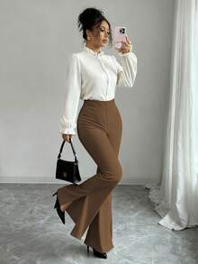 Elenzga Women's Casual, Elegant, Romantic Sicily Style Solid Color Knit Flared Pants With Slit Hem, Suitable For Commuting, Vacation, Afternoon Tea, Party, Spring/Summer/Autumn