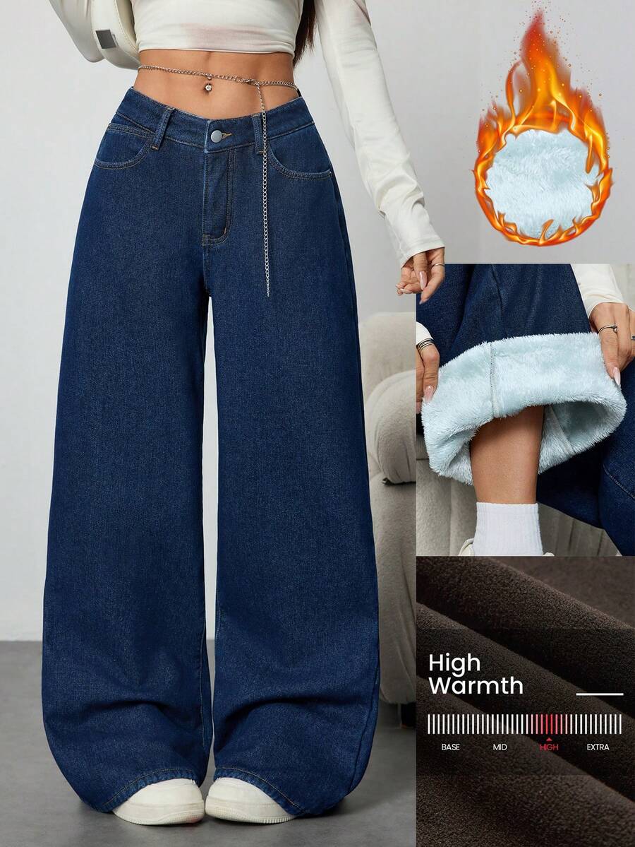 SHEIN ICON 女式宽松V腰口袋阔腿休闲牛仔裤 - 深色水洗藍 - 查看 1