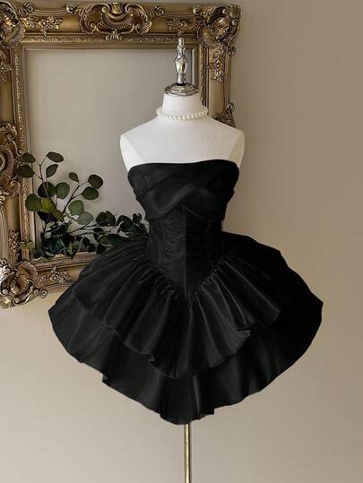 Lovelzi Elegante, lujoso y noble vestido de fiesta con falda de pastel de doble capa, cintura ceñida y sin tirantes, de satén blanco. Adecuado para despedida de soltera, boda, graduación, vacaciones y baile formal.