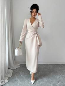 Rafferiza White Autumn Elegant V-Neck Long-Sleeved Dress,Fitted Waist With Circular Accessories,Chic Thanksgiving,New Year's Wear & Dining Party Stylish Dress - Apricot - View 7