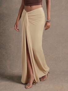 L'Amorae Women Draped Skirt With Slit In Soft Jersey Knit - Apricot - View 3