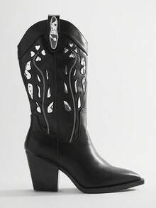 Solezae Botas occidentales de tacón grueso con corte para mujer - Negro - Ver 2