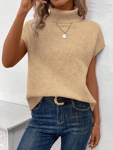 EMERY ROSE Casual High Neck Sleeveless Sweater Vest For Women - Khaki - View 3