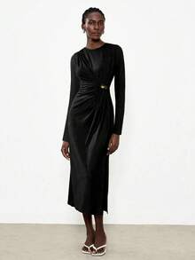 Lumivelle Women's Modern Round Neck Ruched Button Decor Waist Fitted Bodycon Side Slit Long Sleeve Dress - Black - View 4