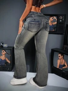 SHEIN Unity Plus Size Women's Street Style Fashion Flare Jeans - Blue - View 4