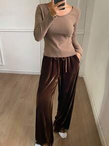 DAZY 女士极简主义抓绒针织上衣和磨毛休闲裤睡衣套装，秋冬季，舒适保暖 - 咖啡棕 - 查看 8