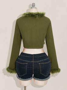 SHEIN ICON Áo khoác croptop buộc dây phía trước viền lông Y2k màu đen Plus dành cho nữ mùa thu đông - xanh quân đội - Xem 2