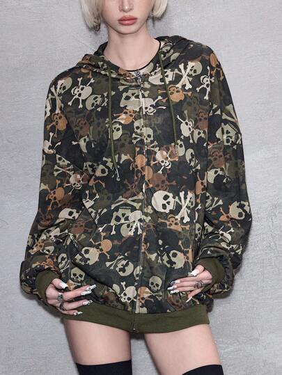 ROMWE Avant sweat-shirt à capuche surdimensionné avec imprimé crâne camouflage, sous-culture Y2K Baddie