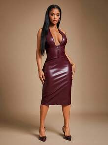 Radiana 女士性感优雅的安哥拉红色 PU 紧身迷你连衣裙，勃艮第红吊带中长连衣裙，弹力 PU 材质紧贴曲线，适合派对、俱乐部、夜生活、日常穿着、圣诞节、新年、节日 - 酒紅色 - 查看 4
