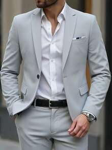 Manfinity Mode Ensemble veste de costume et pantalon à revers entaillés, décoré d'un mouchoir de poche, coupe simple boutonnage, gris clair pour hommes - Gris pâle - Voir 6