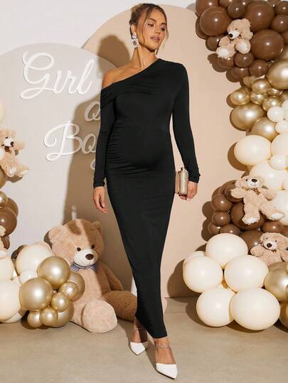 Loomaby 优雅纯色不对称领口孕妇修身连衣裙