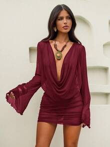 Bonvoyette 女式酒红色垂坠领喇叭袖系腰荷叶边下摆裹身裙，优雅性感休闲，适合春夏季假日海滩派对 - 酒紅色 - 查看 3