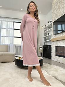尔蕾丝边饰四分之一纽扣睡衣连衣裙，宽松睡裙，秋冬款 - 藕粉色 - 查看 5