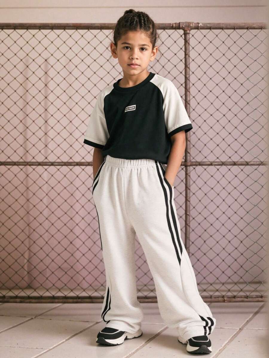 SHEIN Explorewe Tween Boy Elastic Waist Side Stripe Wide Leg Loose Casual Sweatpants Chic For Autumn/Winter Fall - Grey - View 1