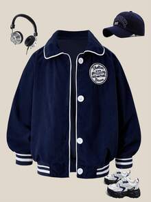 SHEIN Toddler Girls' Fashionable Casual Versatile Blue Jacket, Ribbed Cuffs & Hem, Long Sleeve, Collegiate Style Outerwear, Suitable For Autumn/Winter Outings, Suitable To Pair With Jeans, Sweatpants, Tops - Navy Blue - View 1