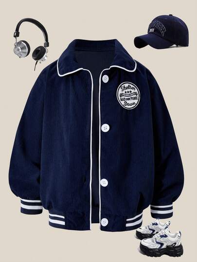 SHEIN Toddler Girls' Fashionable Casual Versatile Blue Jacket, Ribbed Cuffs & Hem, Long Sleeve, Collegiate Style Outerwear, Suitable For Autumn/Winter Outings, Suitable To Pair With Jeans, Sweatpants, Tops