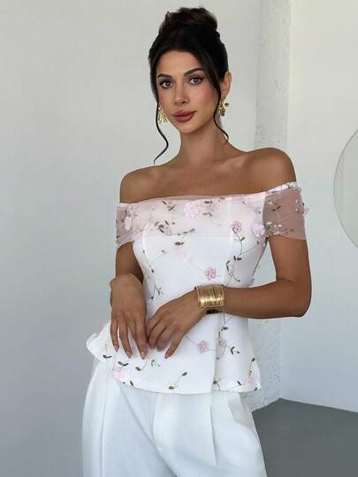 Firerie Women's Elegant Romantic Delicate New Fashion Vacation Date Off Shoulder Floral Embroidery Mesh Cinched Waist X-Shaped Pink Blouse Top