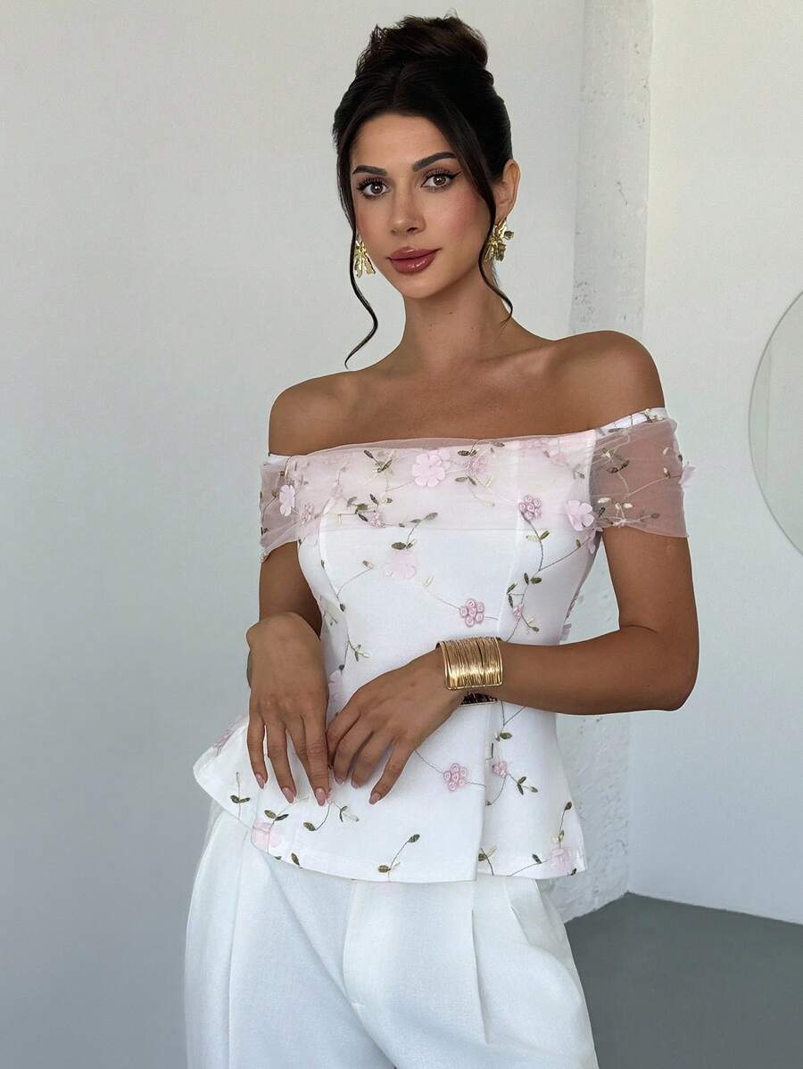 Firerie Women's Elegant Romantic Delicate New Fashion Vacation Date Off Shoulder Floral Embroidery Mesh Cinched Waist X-Shaped Pink Blouse Top - Pink - View 1