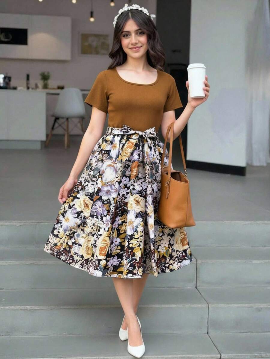 适合少女、假日、夏季、旅行的花卉印花连衣裙 - 咖啡棕 - 查看 1