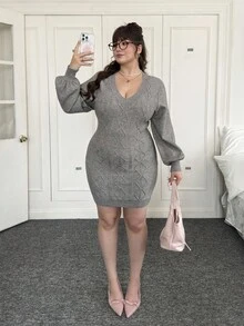 SHEIN EZwear 大尺碼時尚深V領修身針織洋裝，灰色秋冬款 - 灰色 - 查看 6