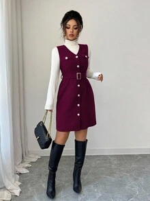 Elenzga Women's Elegant Vintage Corduroy V-Neck Metal Button Decor Sleeveless Textured Mini Dress