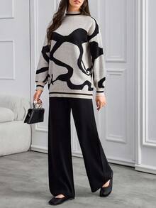 SHEIN Tall Conjunto de 2 peças de blusa e calça flare casual feminina tamanho grande para outono e inverno