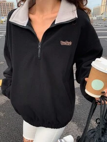 Livesso Áo nỉ chui đầu dáng rộng thoải mái cho nữ có màu tương phản, lót giữ nhiệt, thêu chữ và họa tiết hoạt hình, cổ đứng, khóa kéo nửa phía trước, thích hợp mặc vào mùa thu đông, lót giữ nhiệt - màu đen - Xem 8