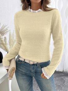 EMERY ROSE Fashionable & Sweet Lace Collar Soft Faux Fur Pullover Sweater, Versatile For Autumn/Winter - Beige - View 4