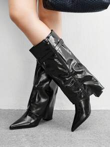 CUCCOO BIZCHIC Botas de mujer de moda europea y americana con puntera puntiaguda, tacón grueso y cremallera lateral - Negro - Ver 4