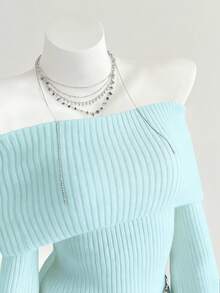 Elamini Casual Versatile Solid Color Off-Shoulder Lantern Sleeve Sweater - Blue - View 4