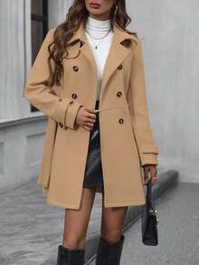 EMERY ROSE 女士纯色双排扣羊毛大衣，适合通勤，秋冬 - 駝色 - 查看 3