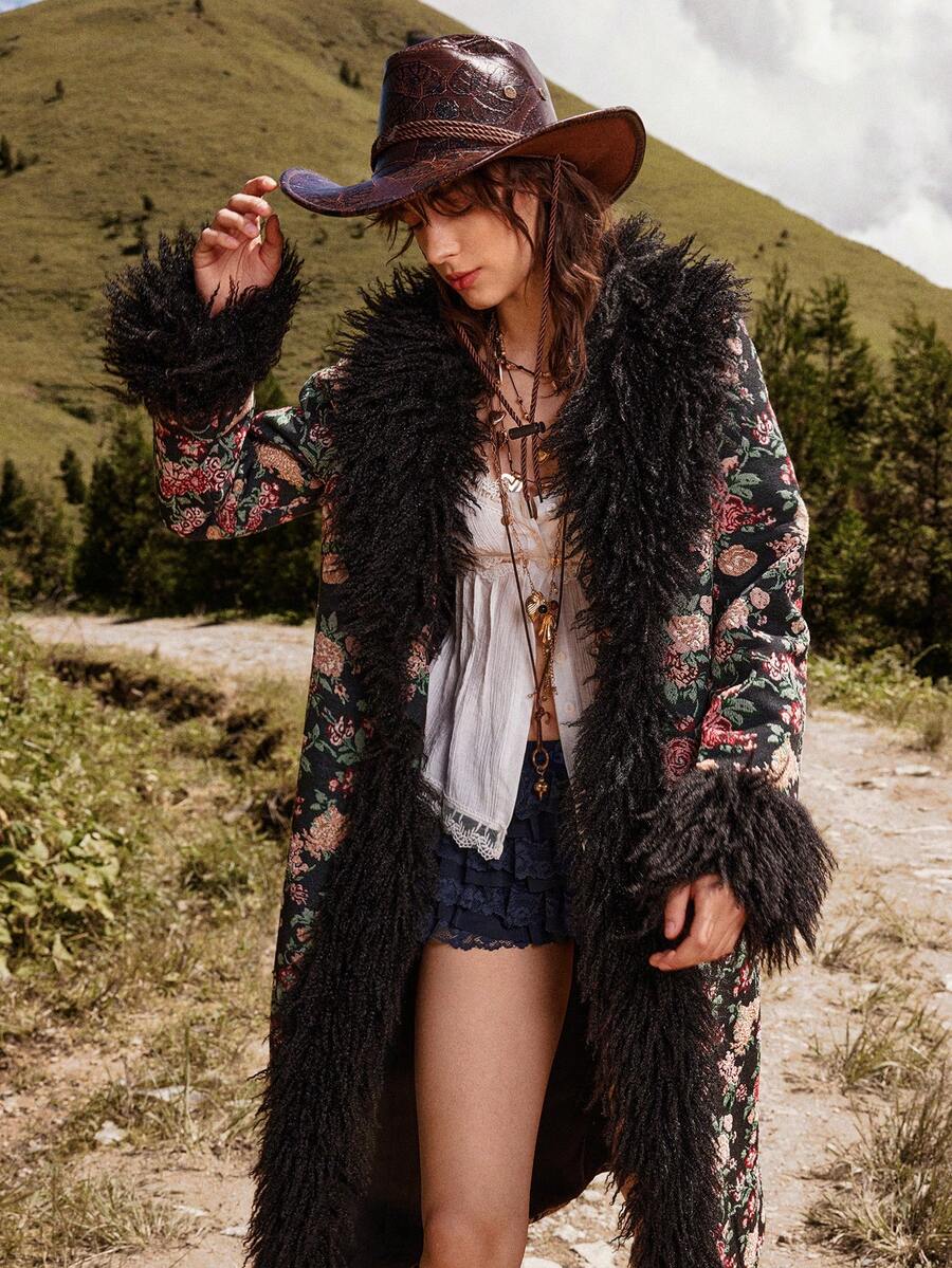 Bohemela 度假长袖提花梭织长款女士常规夹克秋冬女士服装 - 黑色 - 查看 1