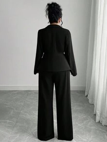 Elenzga 2pcs Plus Size Women's Elegant Blazer & Flare Pants Suit Set, Chic & Slim Fit Office Wear Black Pants Suit Women Blouse And Pants Set Black Elegant Suit Black Suits For Woman Pant Suit Set Black Jumpsuit Women Elegant Blazer And Pants Set Elegant Black Suit