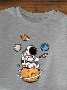 SHEIN 2 件套宇航员和星球印花圆领运动衫和慢跑裤套装，休闲时尚，适合秋冬 - 灰色 - 查看 6